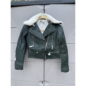 Zara Women faux leather Removable shearling Collar green biker Aviator Jacket XS